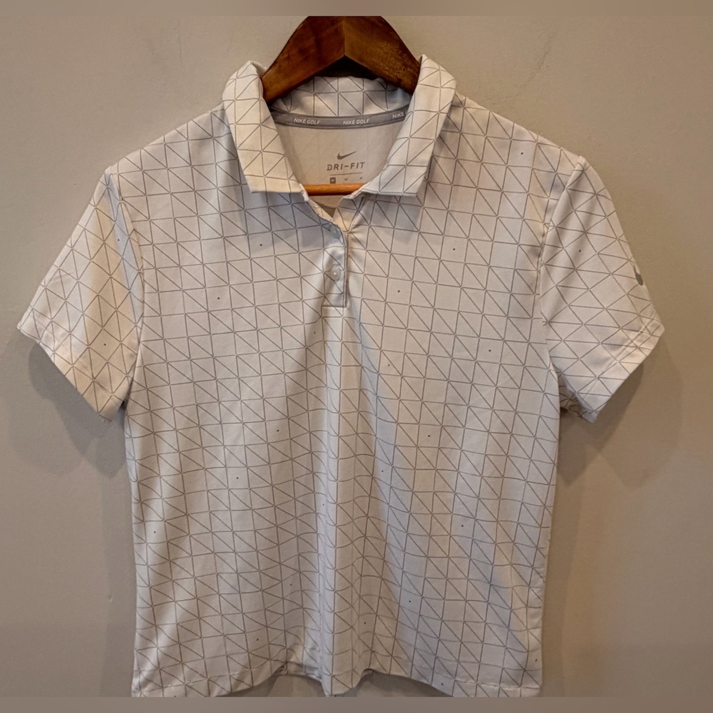 Nike Golf Dri-FIT Polo Women’s Med White Geometric Print Bird Logo Performance
